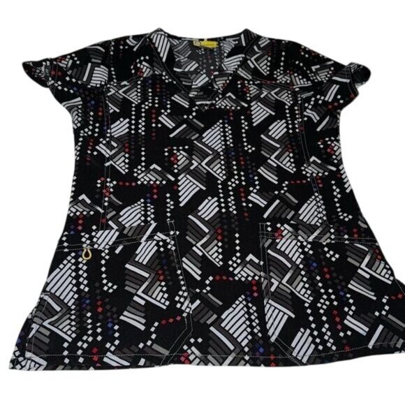 WonderWink Womens XS Geometric Print Scrub Top Black & White - Picture 1 of 8